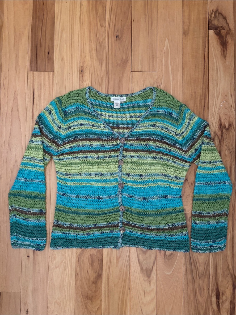 COLDWATER CREEK | Blue/Green Striped Cardigan Crochet Look Sweater Boho Size XL